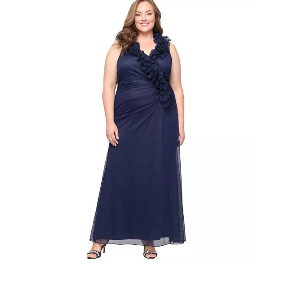 Alex Evenings Gown Women 16W NEW Navy Ruffle V-Neck Ruched Mesh MSRP $209